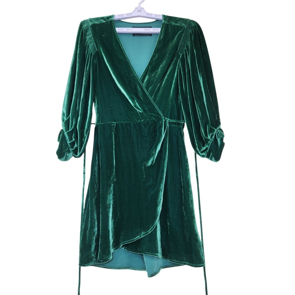 Reformation Size XS Emerald Green Velvet Wrap Mini Dress‎ 3/4 Sleeve Burnout - Picture 3 of 13